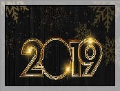 Cyfry, 2019, Nowy Rok, Deski, Złote, Śnieżynki