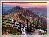 Anglia, Płot, Hrabstwo Derbyshire, Wschód słońca, Park Narodowy Peak District, Wzgórze Mam Tor, Wzgórza, Droga