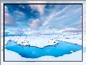 Lód, Błękitna Laguna, Islandia, Zima, Źródła geotermalne, Chmury
