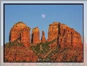 Sedona, Krzewy, Stany Zjednoczone, Skały, Czerwone, Wschód słońca, Księżyc, Cathedral Rocks, Arizona