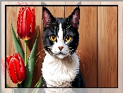 Grafika, Kot, Czerwone, Czarno-biały, Tulipany