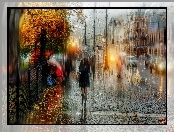 Deszcz, Petersburg, Kobieta, Parasol, Ulica