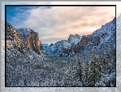Dolina, Zima, Stany Zjednoczone, Park Narodowy Yosemite, Stan Kalifornia, Lasy, Yosemite Valley, Ośnieżone, Góry, Drzewa