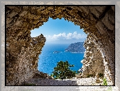 Ruiny zamku, Drzewo, Widok, Morze, Ściana, Miejscowość Monolitos, Wyspa Rodos, Grecja