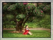 Dziewczynka, Trawa, Drzewo, Kwiaty