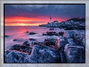 Portland Head Light, Maine, Zachód słońca, Morze, Cape Elizabeth, Stany Zjednoczone, Kamienie, Latarnia morska