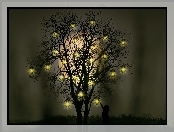 Fantasy, Drzewo, Światełka, Noc, Księżyc