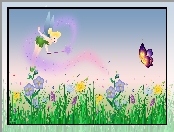 Grafika, Motylki, Łąka, kwiaty