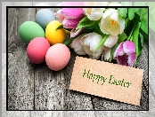 Happy Easter, Tulipany, Pisanki, Wielkanoc, Napis