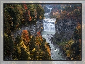 Rzeka Genesee, Skały, Drzewa, Jesień, Wodospad, Park stanowy Letchworth, Stan Nowy Jork, Stany Zjednoczone