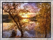 Jesień, Zachód słońca, Rzeka, Drzewa
