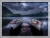 Łódki, Niebo, Japonia, Jezioro Lake Haruna, Prefektura Gunma, Takasaki, Pomost, Zmierzch, Ciemne, Chmury