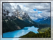 Kanada, Drzewa, Chmury, Park Narodowy Banff, Góry Canadian Rockies, Jezioro Peyto Lake, Las