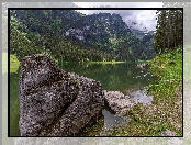 Jezioro Voralpsee, Kanton Sankt Gallen, Góry, Szwajcaria, Kamień, Alpy, Drzewa, Lasy