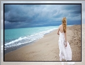 Kobieta, Morze, Plaża Chmury