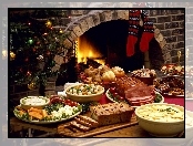 Kominek, Choinka, Świąteczne, Jedzenie, Skarpety