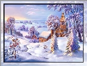 Kościółek, Zima, Drzewa, Śnieg