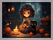 Halloween, Koty, Dynie, Dziewczynka, Świeca