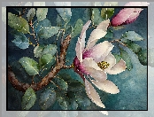 Krzew, Kwitnąca, Magnolia, Gałązka, Malarstwo