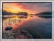 Zachód słońca, Jezioro, Drzewa, Szwecja, Las, Wetter Lake