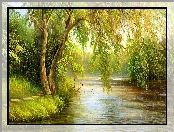 Malarstwo, Drzewa, Obraz, Rzeka