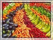 Warzywa, Czereśnia, Marchew, Owoce, Stragan, Pomidory, Pomarańcza, Bakłażany, Kiwi, Banany, Papryka