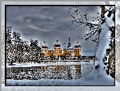 Niemcy, Zima, Miejscowość Moritzburg, Drzewa, Saksonia, Pałac Moritzburg, Jezioro, Śnieg