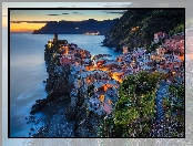 Włochy, Morze, Noc, Cinque Terre, Vernazza, Domy, Góry
