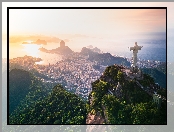Domy, Góry, Brazylia, Statua Chrystusa Zbawiciela, Ocean, Mgła, Rio de Janeiro