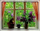 Okno, Bez, Drzewa, Kwiaty