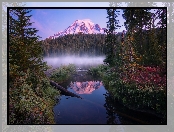 Park Narodowy Mount Rainier, Stany Zjednoczone, Góra, Jezioro Reflection Lakes, Mgła, Stan Waszyngton, Drzewa, Szczyt Mount Rainier, Las
