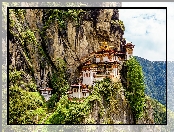 Skały, Paro Taktsang, Świątynia, Bhutan, Góry, Drzewa