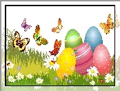 Kwiatki, Pisanki, Wielkanoc, Grafika 2D, Trawa, Motyle
