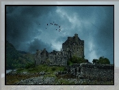 Ptaki, Szkocja, Wzgórze, Zamek Doune Castle, Wieczór