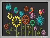 Ptaki, Grafika 2D, Motyw, Kolorowe, Kwiaty