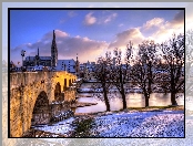 Most, Regensburg, Niemcy, Kościół, Domy, Rzeka, Zima