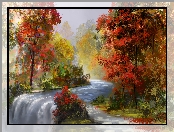 Rzeka, Digital Art, Drzewa, Jesień