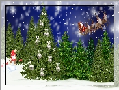 Drzewa, Zima, Mikołaj, Choinka, Grafika 2D, Las, Renifery, Bałwanek, Sanie