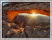 Stany Zjednoczone, Kanion, Promienie Słońca, Stan Utah, Park Narodowy Canyonlands, Łuk Mesa Arch, Skały