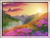 Zachód słońca, Grafika 2D, Krajobraz, Góry, Kwiaty