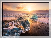 Zachód słońca, Islandia, Jezioro Jokulsarlon, Bryły, Lód