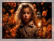Lampion, Kwiaty, Dziewczynka, Spojrzenie