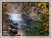 Stany Zjednoczone, Drzewa, Park Narodowy Cumberland Falls, Kamienie, Stan Kentucky, Wodospad Cumberland, Skały, Rzeka Cumberland