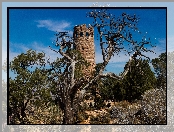Stany Zjednoczone, Drzewa, Zarośla, Stan Arizona, Park Narodowy Wielkiego Kanionu, Wieża Desert View Watchtower, Niebo