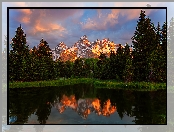 Stany Zjednoczone, Drzewa, Park Narodowy Grand Teton, Zachód słońca, Stan Wyoming, Rzeka Snake River, Góry Teton Range, Odbicie