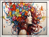 Grafika, Twarz, Kolorowe, Kobieta, Kwiaty
