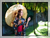 Uśmiechnięta, Parasolka, Azjatka, kimono