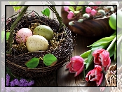 Wielkanoc, Koszyczek, Tulipany, Jajka