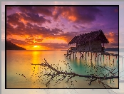 Chata, Wyspa Mansuar, Indonezja, Konar, Morze, Zachód słońca