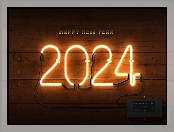 2024, Ściana, Sylwester, Deski, Napis, Happy New Year, Neon